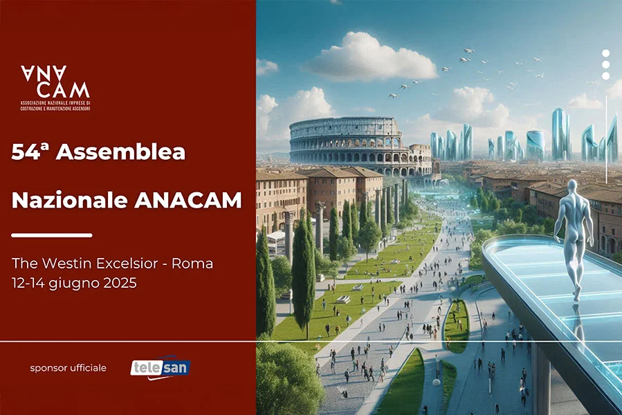Visual grafico della 54ª Assemblea Nazionale ANACAM, con data e luogo dell'evento a Roma dal 12 al 14 giugno 2025, e logo di Telesan come sponsor ufficiale.